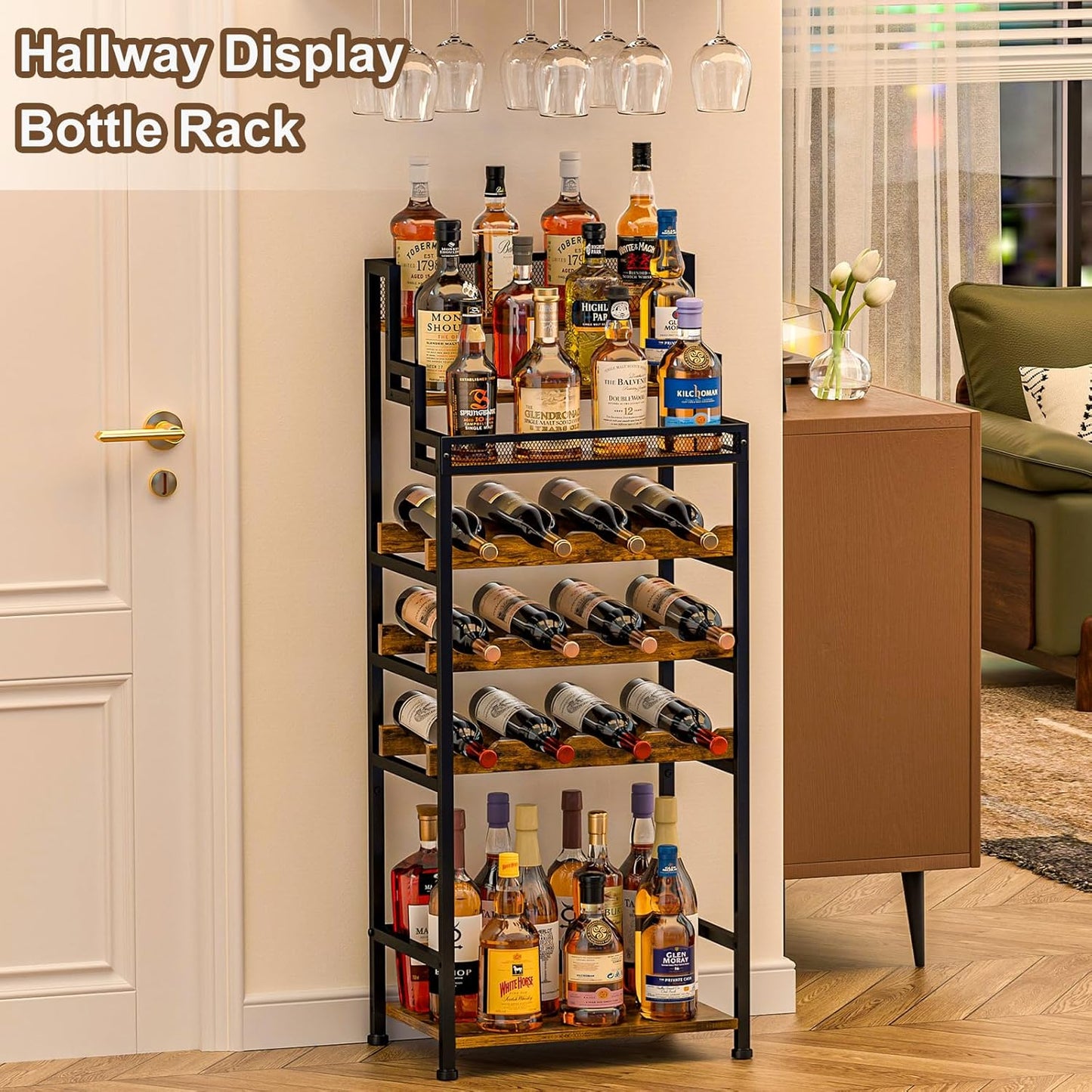 Tiered Wine Rack and Liquor Cabinet, Large Capacity Freestanding Floor Wine Storage Shelf for Red Wine, Champagne & Whiskey, Stepped Bottle Display Stand for Home Bar, Living Room, Corner, Dining Room