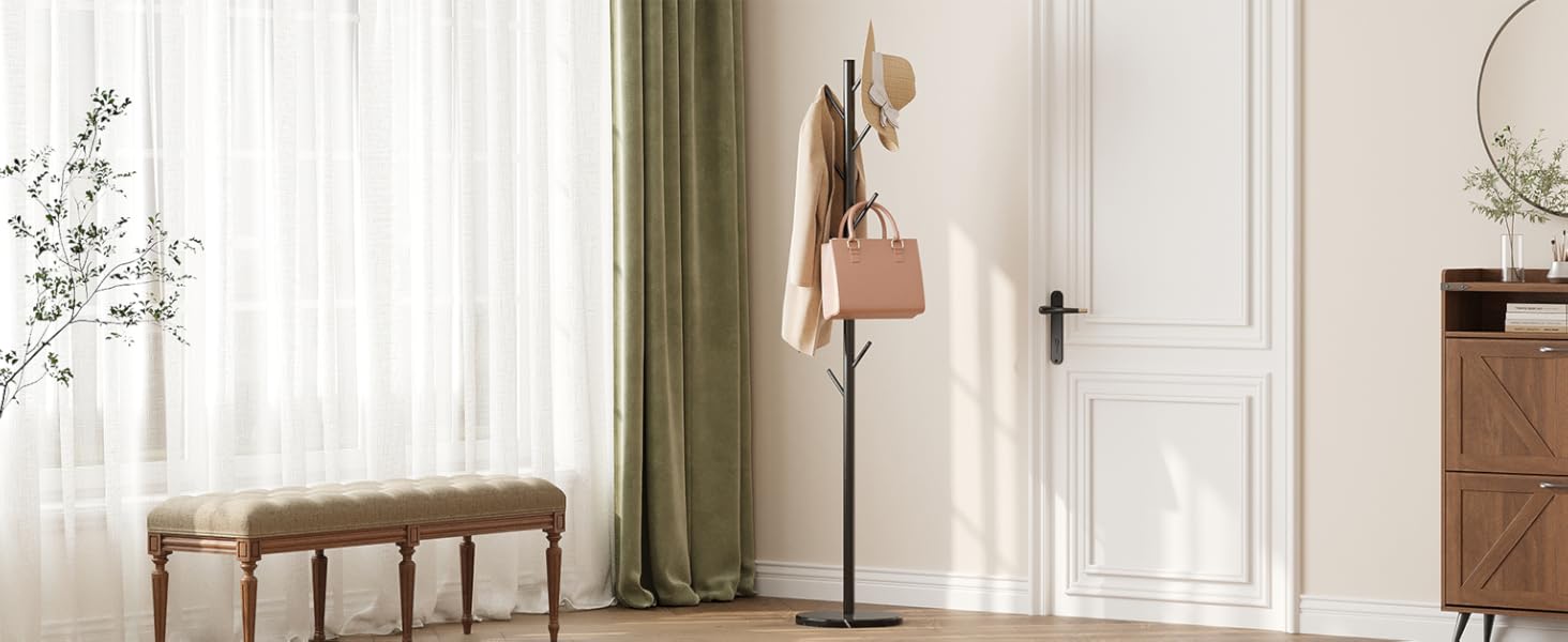 Coat Rack Freestanding with Natural Marble Base, Metal Coat Rack Stand with 10 Hooks, 3 Adjustable Size Coat Tree for Bags, Clothes, and Hats for Entryway, Bedroom, Hallway, Office, Black