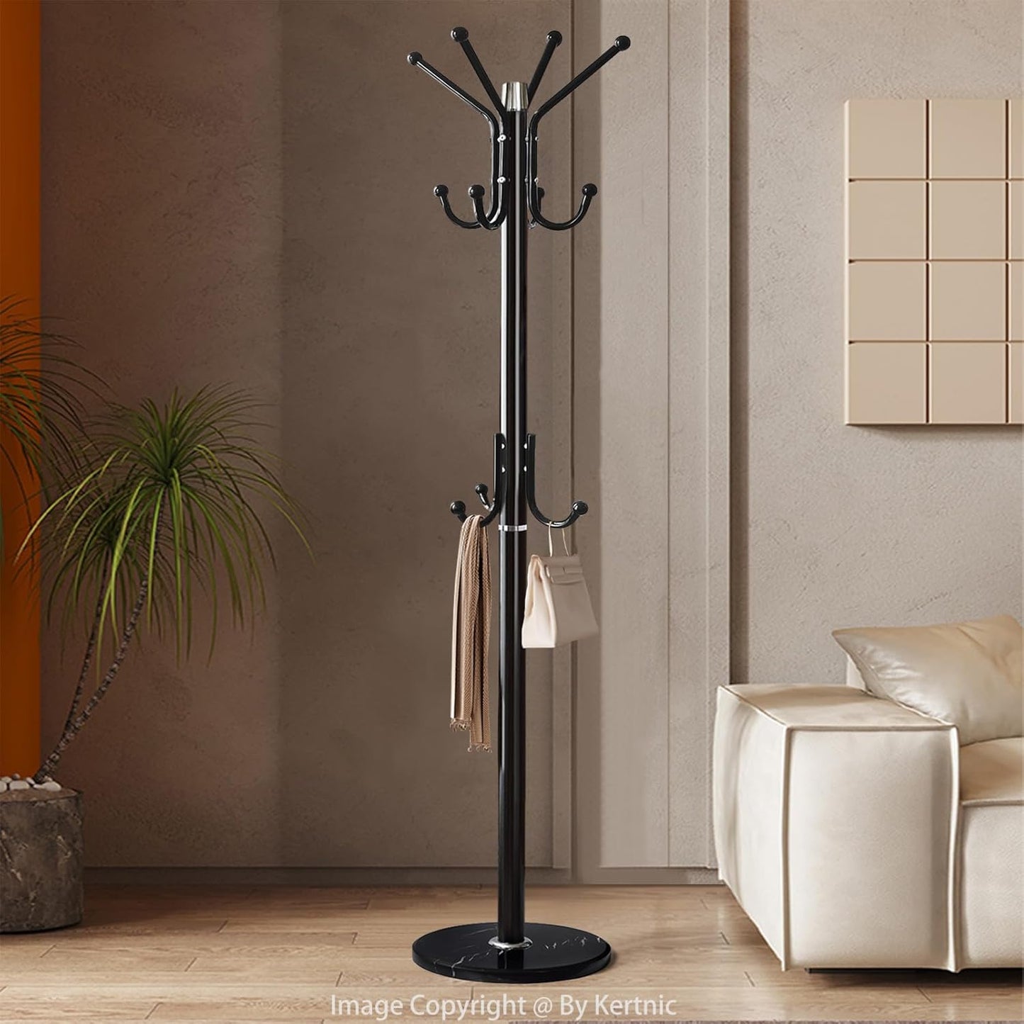 Modern Coat Rack Freestanding with Natural Marble Base & Sturdy Metal Frame, 11 Hooks Hall Tree for Jackets, Hats, Bags, Entryway Organizer for Bedroom, Living Room, Closet (11 hooks-Black)