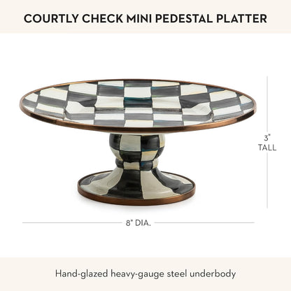 Enamel Pedestal Serving Platter, Decorative Serving Dish for Food, Mini, Black-and-White Courtly Check