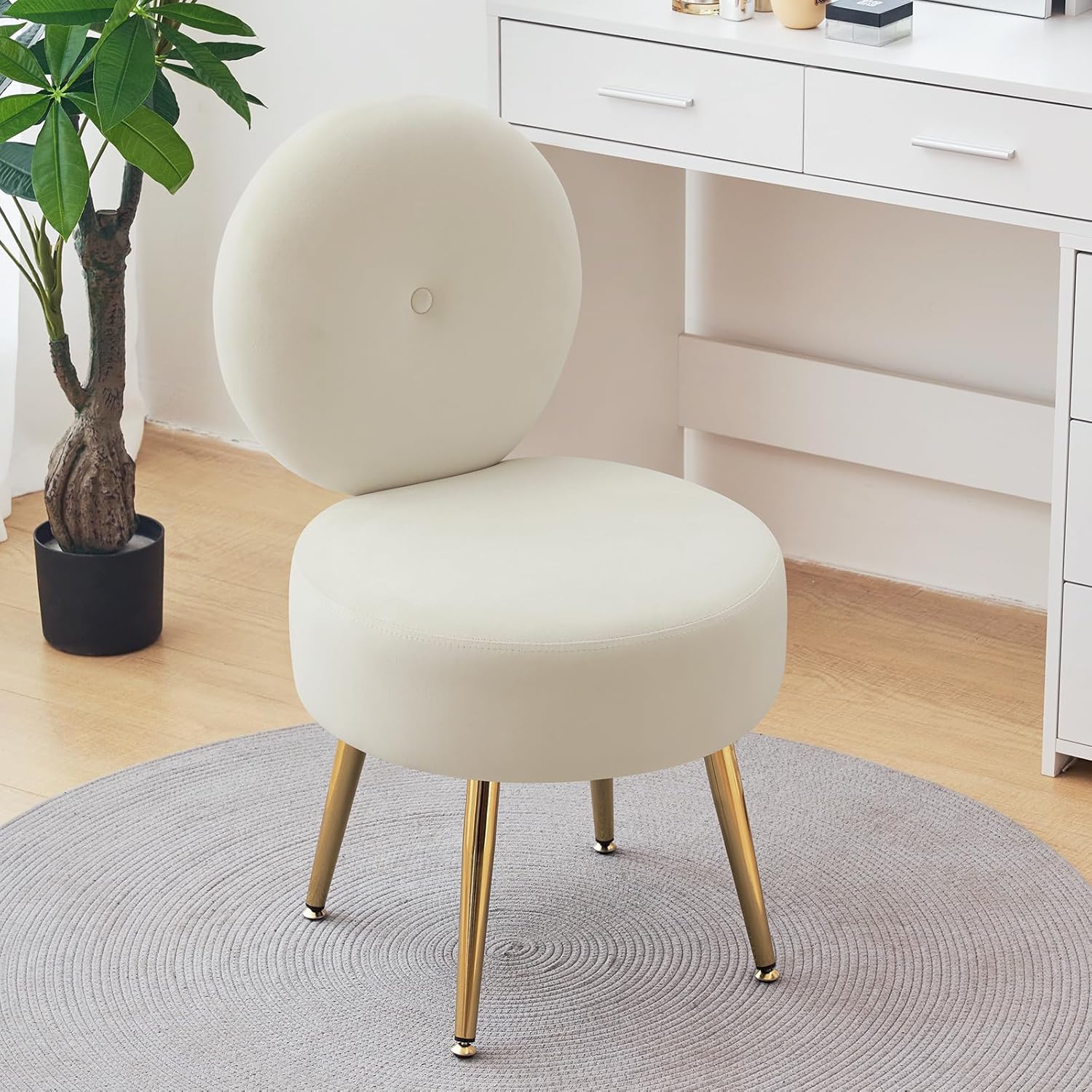 Armless Vanity Chair for Makeup Room, Velvet Vanity Stool with Back, Living Room Chair with Solid Metal Legs for Bedroom, Study Room, Vanity(Khaki)