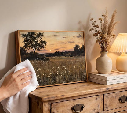Framed Rustic Farmhouse Wildflowers Wall Art Vintage Wildflower Field Landscape Painting Retro Country Sunset Prints Wall Decor Classical Flower Landscape Painting for Living Room Bedroom 12x16 Inch