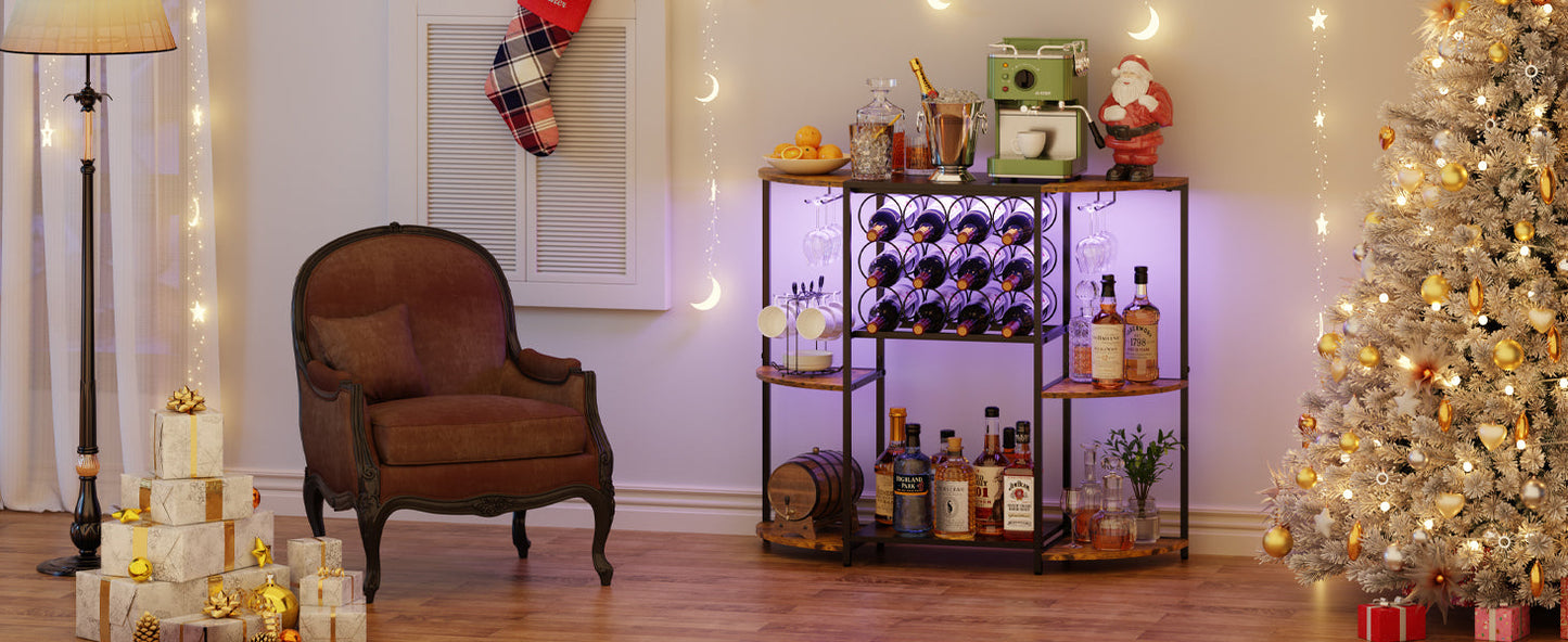 JKsmart Wine Bar Cabinet with LED Lights, Mini Wine Rack with Storage and Glass Holder, Home Bar Cart for Liquor, 3-Tier Bar Table for Kitchen, Dining Room, Living Room, Rustic Brown