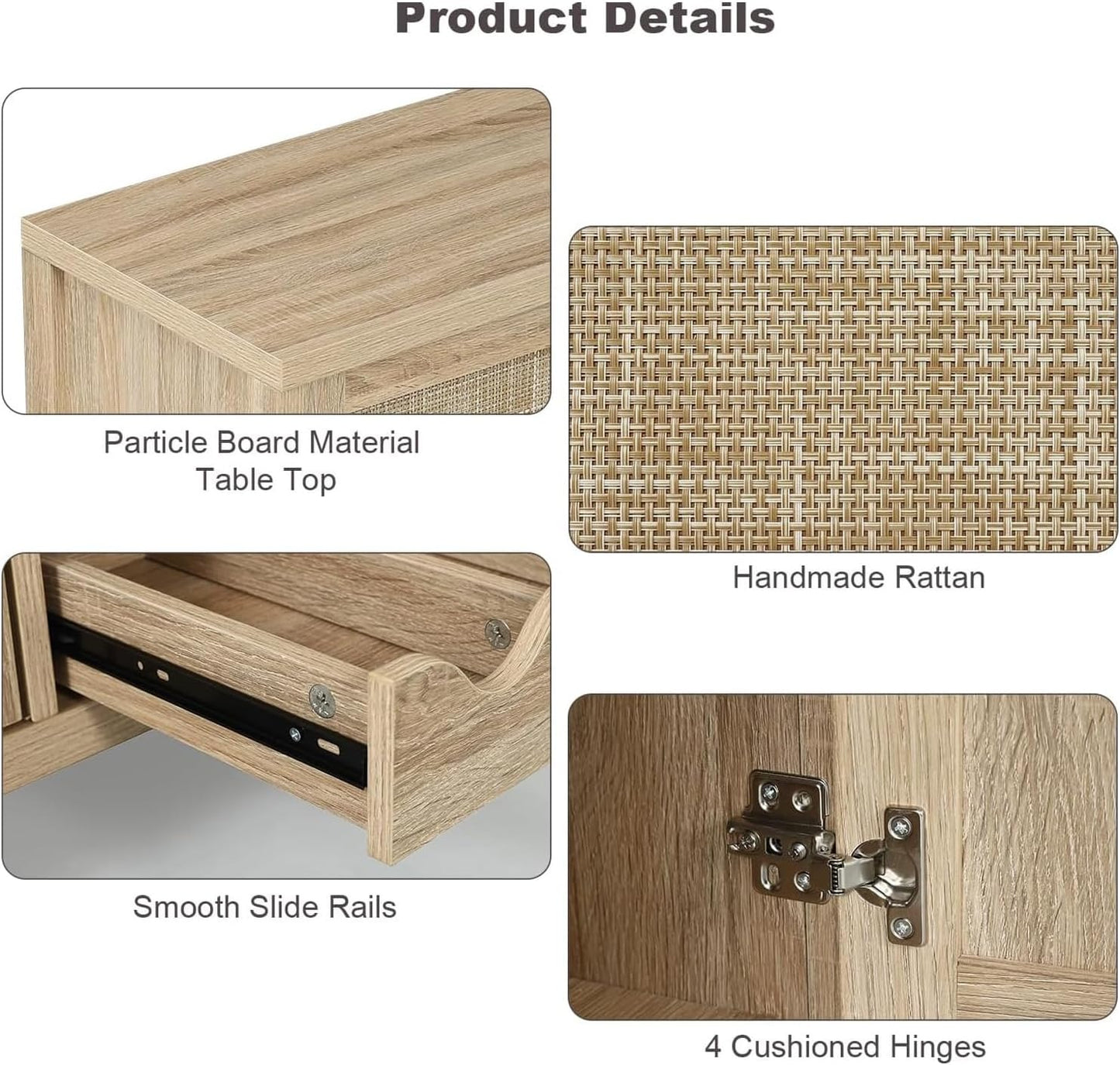 Rattan Wine Bar Cabinet, Boho Rattan Home Bar with Glass Holder and Drawer Style Racks, Oak Sideboard Buffet Storage Cabinet for Living Dining Room Kitchen