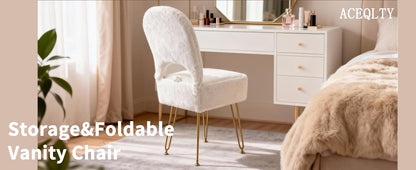 New Upgrade Small Vanity Chair with Storage and Folding Back, White Vanity Stool wiht Ergonomic Backrest and Metal Legs, Furry Padded Ottoman for Makeup Room, Bedroom
