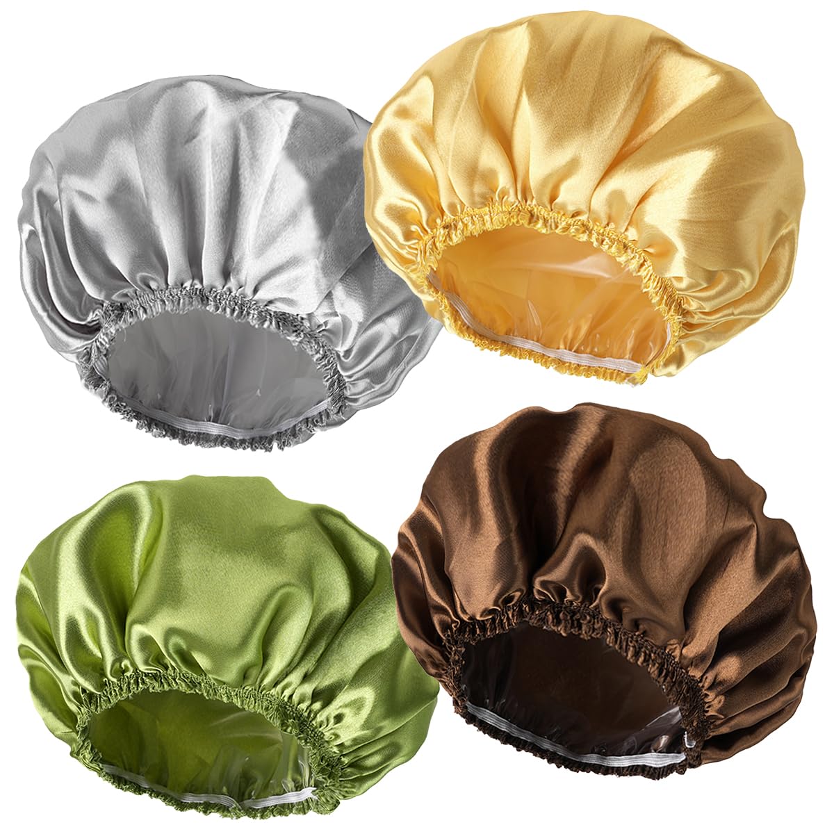 Shower Caps for Women, 4 PCS Elastic and Reusable Bath Caps, Double Waterproof Layers Shower Cap, Bathing Shower Caps, Environmental Protection Hair Bath Hat - Solid Color
