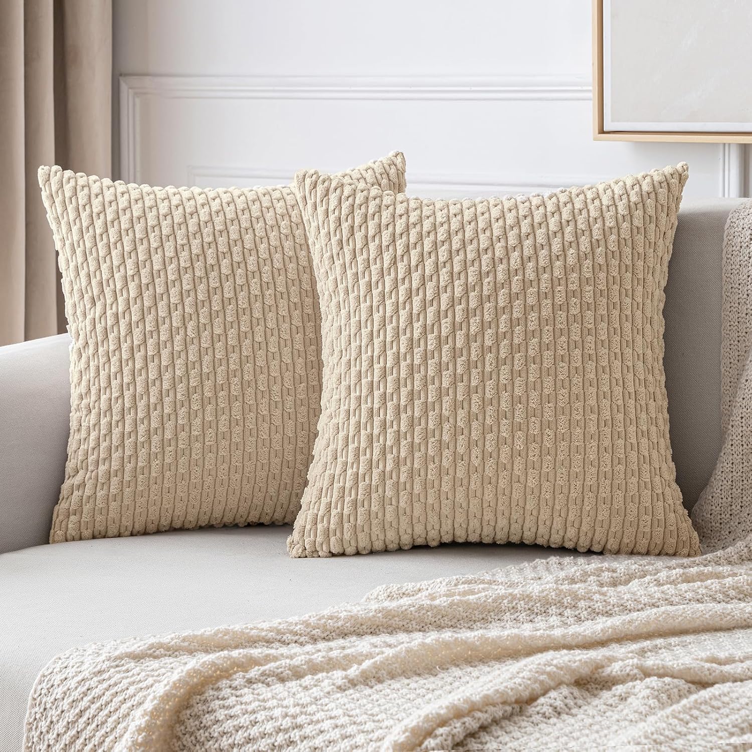 MIULEE Pack of 2 Decorative Throw Pillow Covers 18x18 Inch Soft Boho Striped Textured Corduroy Pillow Covers Spring Modern Farmhouse Home Decor for Couch Bed Sofa Living Room Sage Green