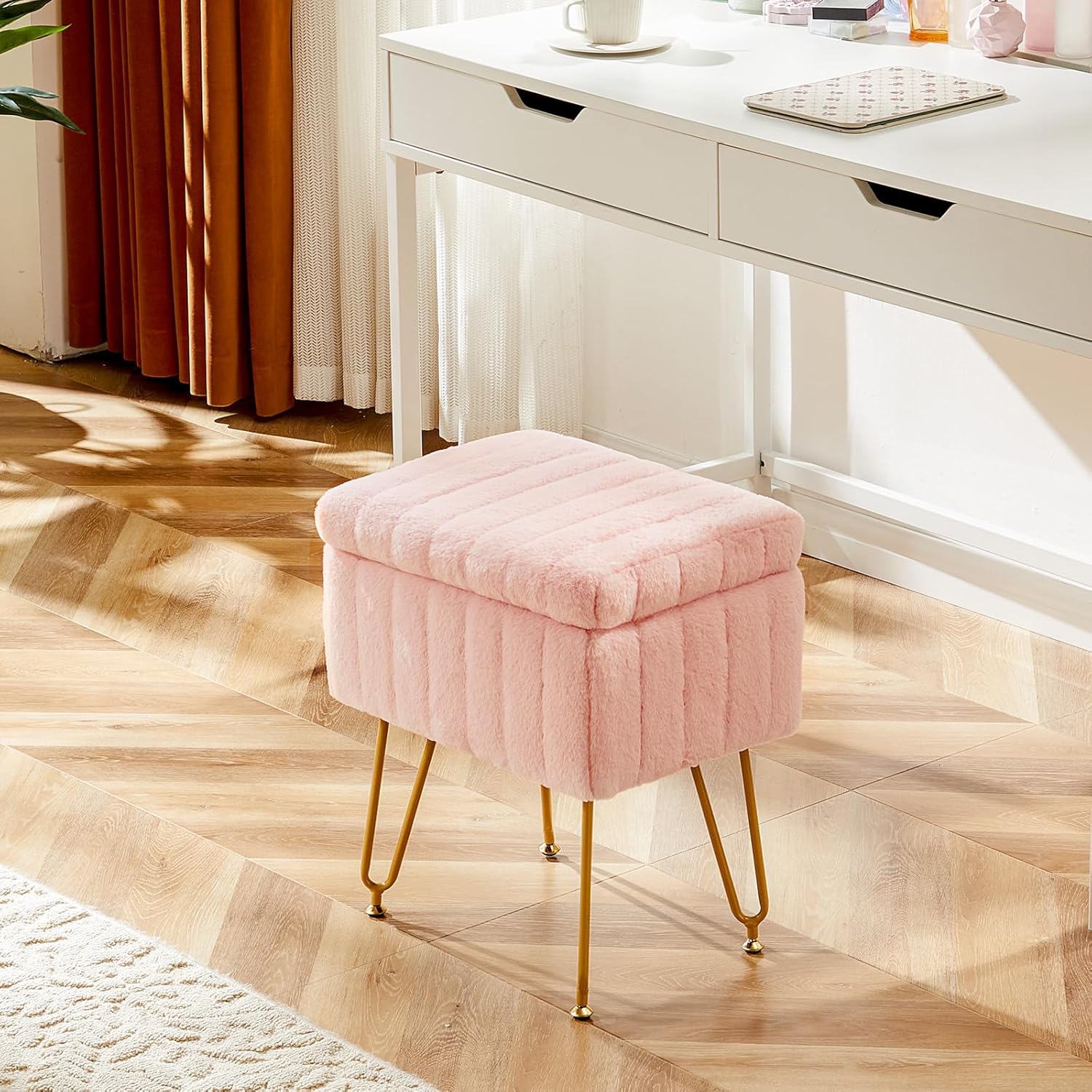Vanity Stool Chair with Storage, 18.9”H x 16”L x 12.2”W Ottoman Chair Faux Fur Soft Padded Makeup Footstools Seat with 4 Metal Legs Anti-Slip Adjustable Feet for Make Up, Pink