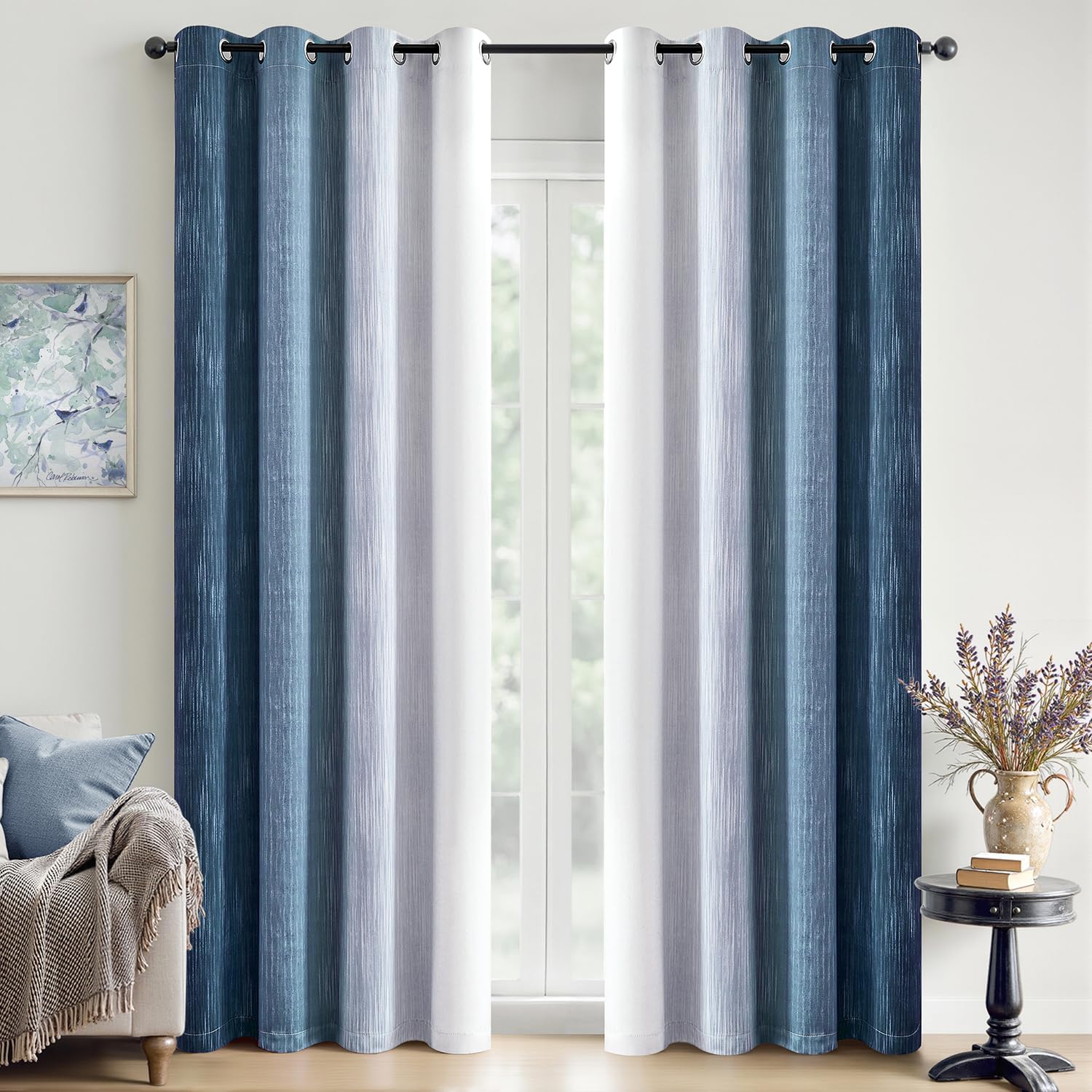 Ombre 100% Blackout Curtains, Navy Blue and Greyish White Full Room Darkening Thermal Insulated 84 Inches Long Drapes for Bedroom/Living Room Grommet Window Treatments Modern 52Wx84L, Set of 2