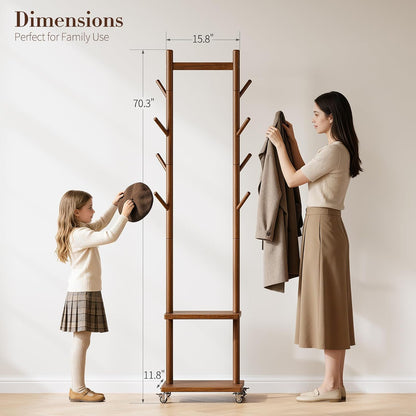 Solid Wood Coat Rack Freestanding - Rolling Clothes Rack with 8 Hooks & Shelves, Small Clothing Rack with Wheels, Heavy Duty Clothing Racks for Hanging Clothes, Portable Hall Tree for Entryway