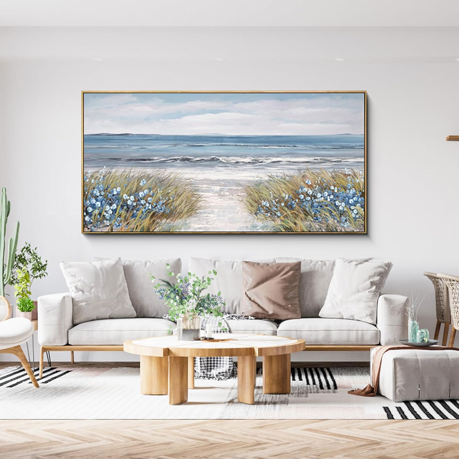Framed Wall Art for Living Room Decor - Farmhouse Boho Beach Coastal Vintage Floral Ocean Wall Picture Flowers Sea Canvas Print Seascape Artwork for Home Living Room Bedroom Office 24x48